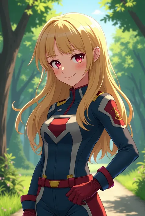 Capture my hero academia Girl with dark ash blonde hair, long wavy hair no bangs. Red eyes and smile. clear skin. He wears a uniform and is in a park