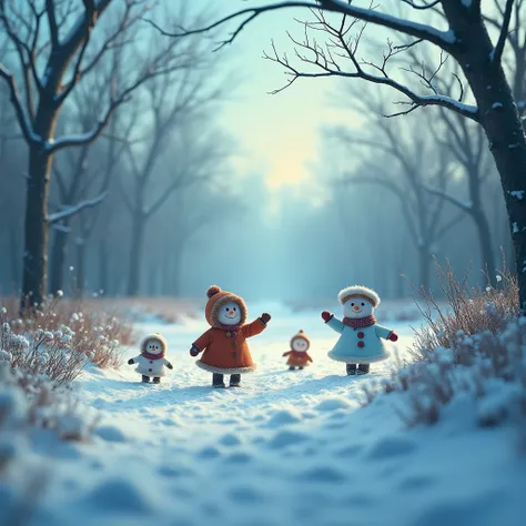 (Snow Scenery), in the style of cartoon-like characters, minimalistic illustration, grainy. Kidcore, (Minimalist animation). Beautiful cinematic lighting, surreal, color graded, dynamic movement, captivating chiaroscuro. Beautiful cinematic lighting, surre...