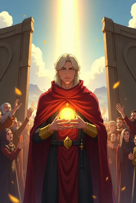 Elric returns to the village, walking through the gates with villagers cheering around him. The sky is bright, and the atmosphere is joyful. Elric looks thoughtful, with a soft smile, holding the glowing orb close to his chest.ndi 