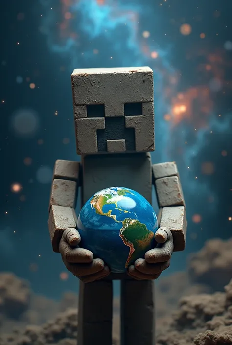 An image with a Minecraft doll with the planet in his hands and the hands are up