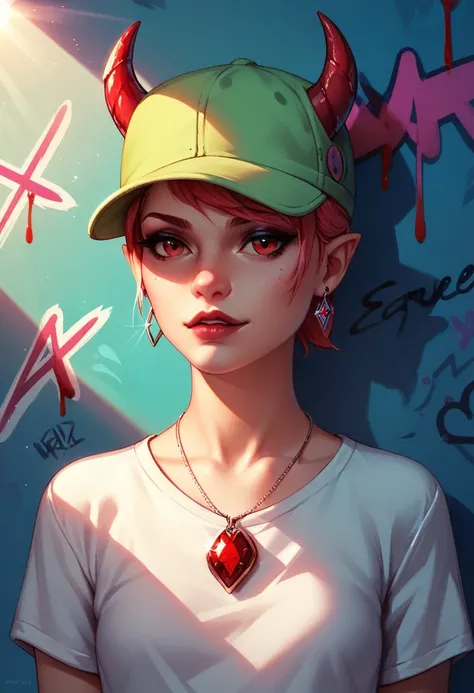 foreground,simple background,Background with neon rays of various colors,hyperdetailed,well defined details,hyper realistic,1 girl,graffiti hood,demon shirt,pierce,blood gem pendant