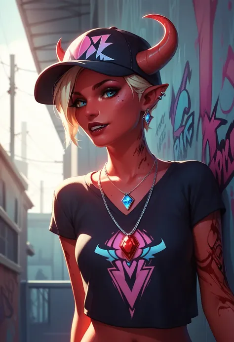 foreground,simple background,Background with neon rays of various colors,hyperdetailed,well defined details,hyper realistic,1 girl,graffiti hood,demon shirt,pierce,blood gem pendant