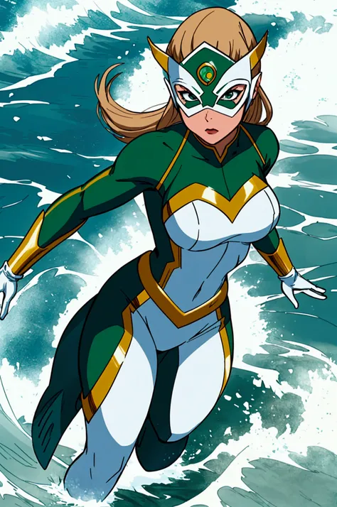 Tsunami – Create the image of a female hero. I want his entire body to be visible, from head to toe. The hero wears a white and green Aquagirl-style uniform, with a mask, boots and green gloves with fins. Miya Shimada can generate and control giant waves. ...