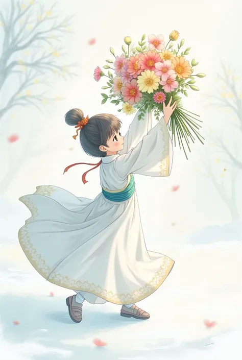 do the dunga (ano from snow branch) with a bouquet of flowers