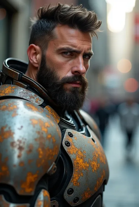 close up Portrait photo of muscular bearded guy in a worn mech suit, ((light bokeh)), intricate, (steel metal [rust]), elegant, sharp focus, photo by greg rutkowski, soft lighting, vibrant colors, masterpiece, ((streets)), detailed face