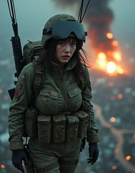 Photo-realistic, ultra-realistic, (very beautiful Japanese, famous Japanese idol:1.3), (Fully equipped for battle:1.5), large assault rifle on her back, (Experienced army paratroopers:1.5),(she is about to landing with parachute at Army skydiving mission a...