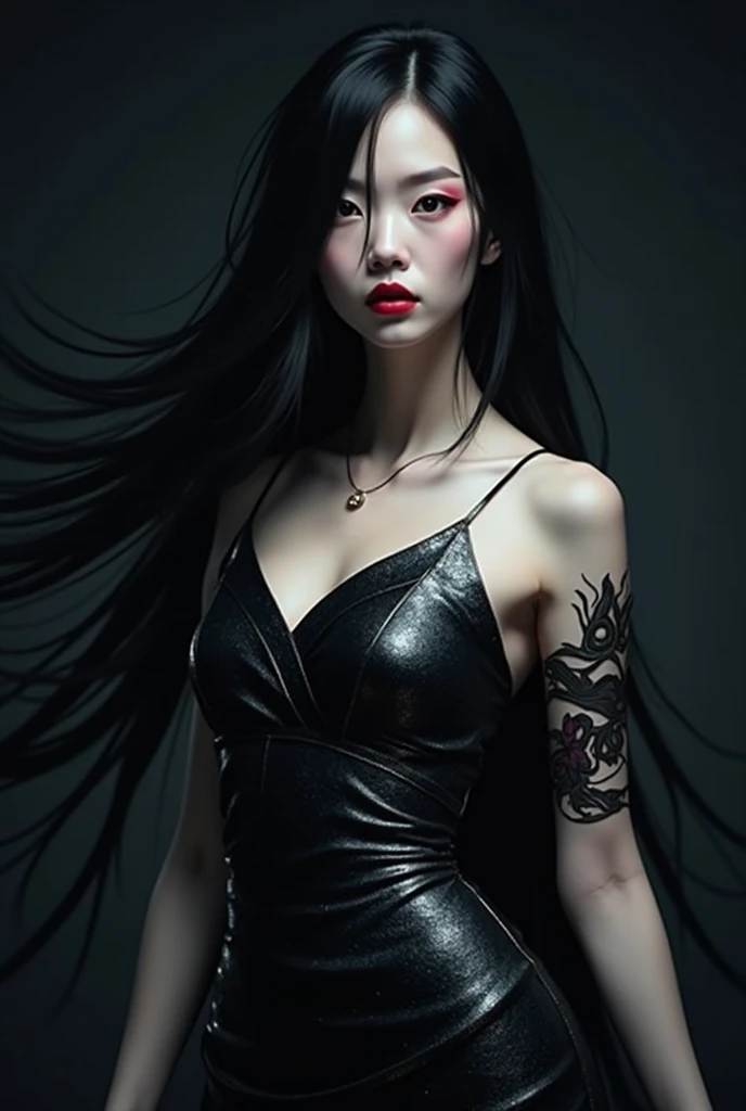 dark techno, cyberpunk,「Realistic image of a Japanese Model, It exudes eerie beauty and a sense of worry.. She is elegant, Pale, Perfect and long skin, Flowing black hair that blends with the surrounding shadows. Her kimono is exquisite and meticulous down...