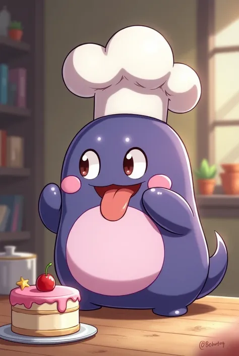 Super cute animated gengar character with chef hat and cute eyes eating a delicious cake and tongue out, with round bottom