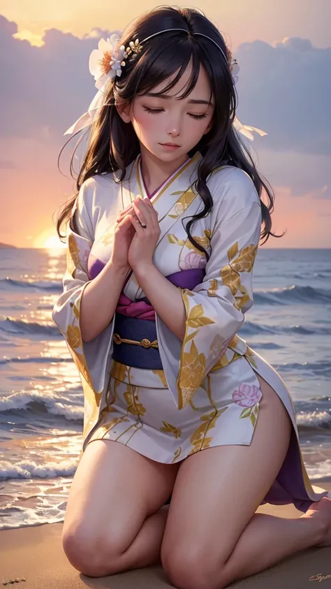 beautiful woman kneeling in prayer by the seaside, eyes closed, hands gently pressed together, wearing elegant traditional Japanese kimono in soft pastel colors with intricate floral patterns, delicate obi sash, long dark hair in classic updo with ornate h...