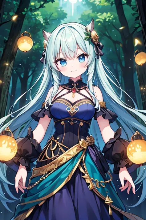 One person, ,,Smile more, High-resolution images, woman, Her hair was decorated with glowing fireflies, Captivatingly shining eyes. Wearing a gown woven with moonlight, She is a tree々Standing in a vibrant and mysterious forest. scene, Surrounded by the fan...