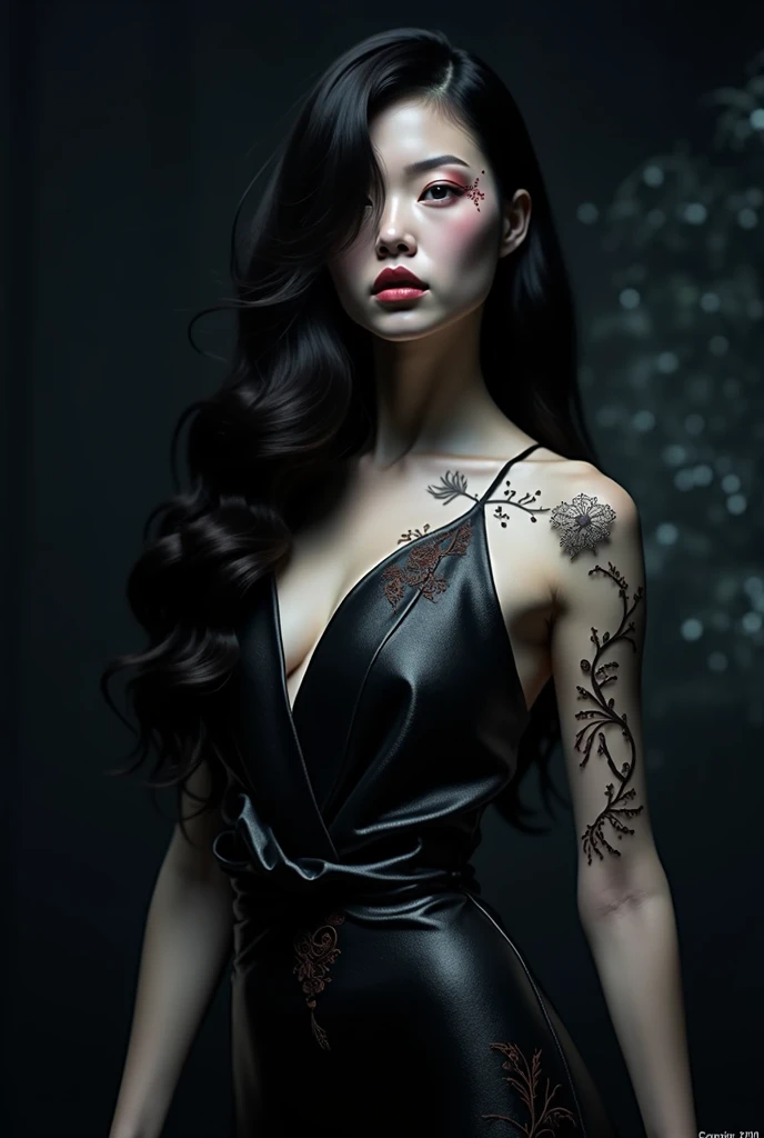 dark techno, cyberpunk,「Realistic image of a Japanese Model, It exudes eerie beauty and a sense of worry.. She is elegant, Pale, Perfect and long skin, Flowing black hair that blends with the surrounding shadows. Her kimono is exquisite and meticulous down...