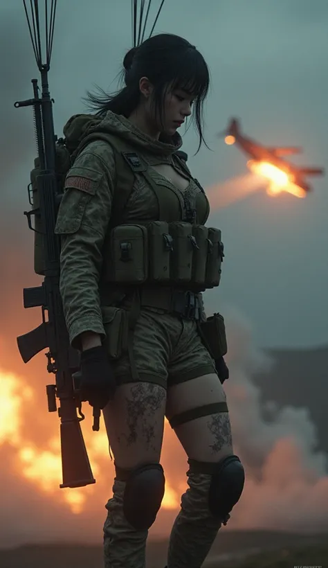 Photo-realistic, ultra-realistic, (extremely beautiful Japanese, famous Japanese idol:1.3), (Fully equipped for battle:1.5), large assault rifle on her back, (Experienced army paratroopers:1.5),(she is about to landing with parachute at Army skydiving miss...