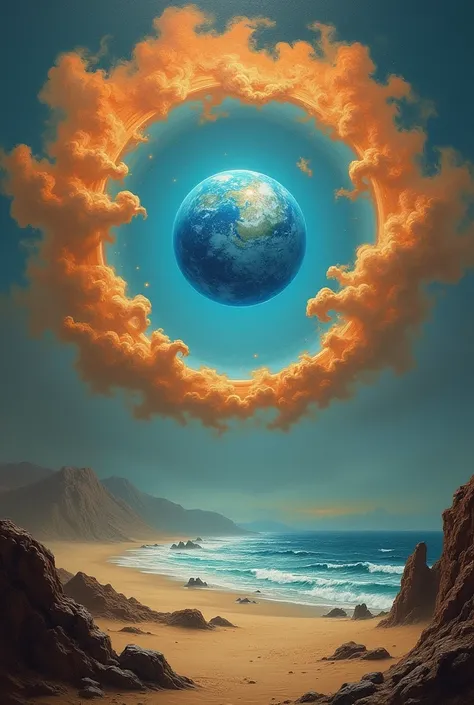 The sun and moon form an electric blue sphere in the center, which is surrounded by orange clouds and desert dunes. The earths horizon forms a ring around the planet with ocean waves crashing on rocks below. Oil painting in the style of Zdzisław Beksiński....