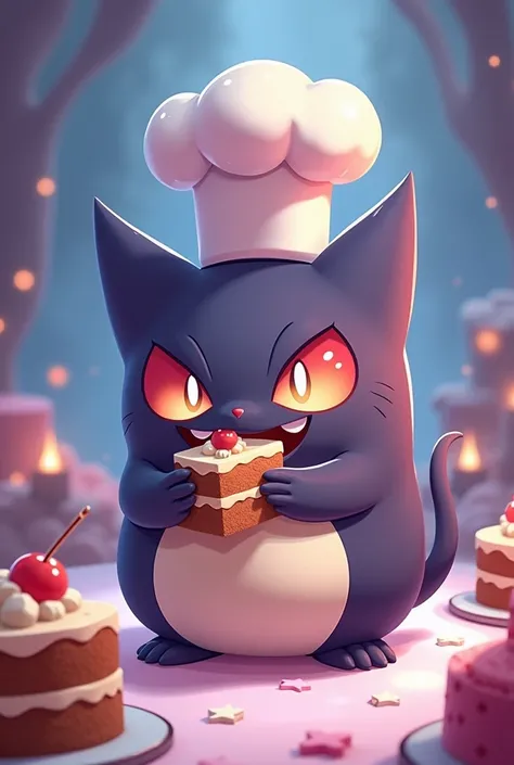 Super cute animated gengar character with chef hat and cute eyes eating a delicious cake , bottomless, redondoo