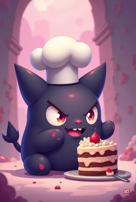 Super cute animated gengar character with chef hat and cute eyes eating a delicious cake , bottomless, redondoo