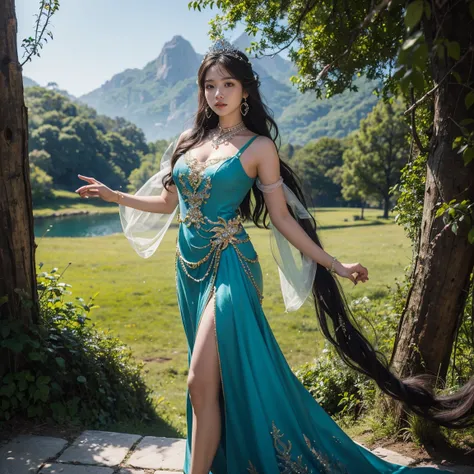 ((​masterpiece)、(top-quality)、(reallistic))、multiple queens、Attractive earrings with impressive beauty、the most beautiful jewelry, (Super beauty)、standing、full body:1.4、(Beauty in return)、Fantastic mythological landscape,very long hair, long dresses