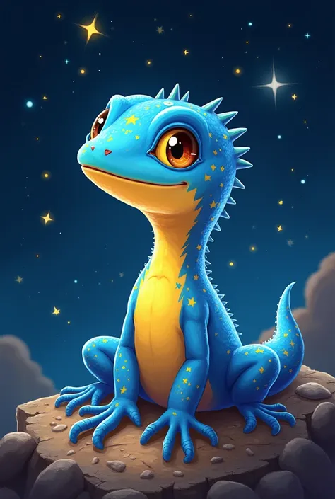 I would like a gecko with blue and yellow colors, featuring a natural and starry glow. It has a small smile on its face and is surrounded by several little stars. I would like it to be set against a starry background.I would like it to be in a mature style...