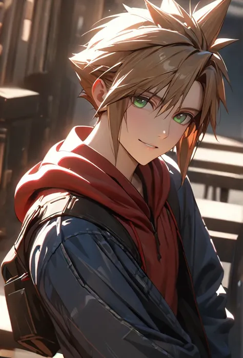  1boy, brown hair, hair likes cloud strife, red hoodie, blue jeans, pretty, tall, emotionless, middle long, light green eyes, high detail, masterpiece, super detail, high details, high quality, best quality, pretty, tall, red eyes, dark brown hair, smiling...