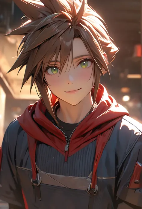  1boy, brown hair, hair likes cloud strife, red hoodie, blue jeans, pretty, tall, emotionless, middle long, light green eyes, high detail, masterpiece, super detail, high details, high quality, best quality, pretty, tall, red eyes, dark brown hair, smiling...