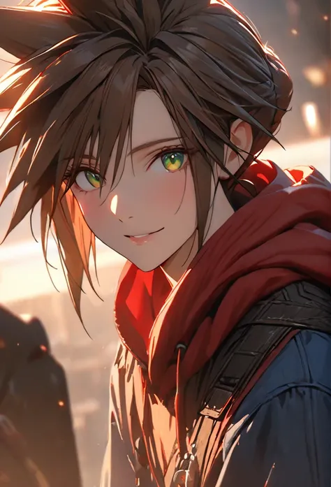  1boy, brown hair, hair likes cloud strife, red hoodie, blue jeans, pretty, tall, emotionless, middle long, light green eyes, high detail, masterpiece, super detail, high details, high quality, best quality, pretty, tall, red eyes, dark brown hair, smiling...