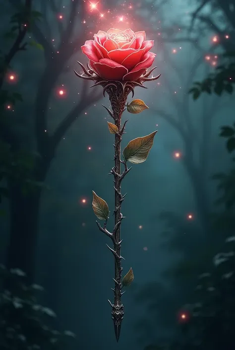 Draw a weapon with a thin sword in the shape of a thorny rose or a magic wand with the tip of which is in the shape of a blooming rose  