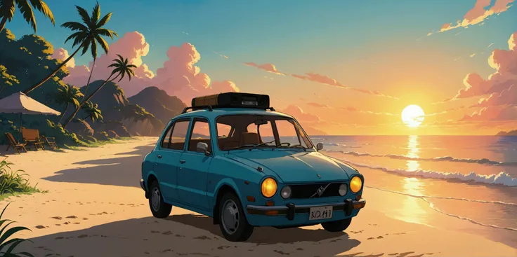 Sunset and beach、Buckshot、Xin Haichen、Ghibli Anime Style、Anime Background、 I put on headphones、profile、Anime Scenery、Anime movie background,lo-fi、Boombox、１９８０Era