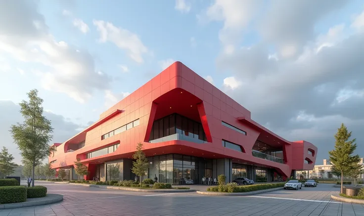 Futuristic design of office building, red color, in a small town, cloudy weather, super realistic photo, high resolution