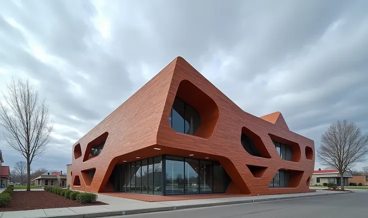 Futuristic design of office building, brick color, in a small town, cloudy weather, super realistic photo, high resolution