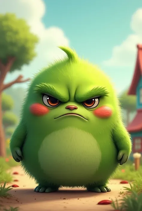 Create a cute and cuddly animated character that represents the emotion of disgust or annoyance, whose characteristic color is green