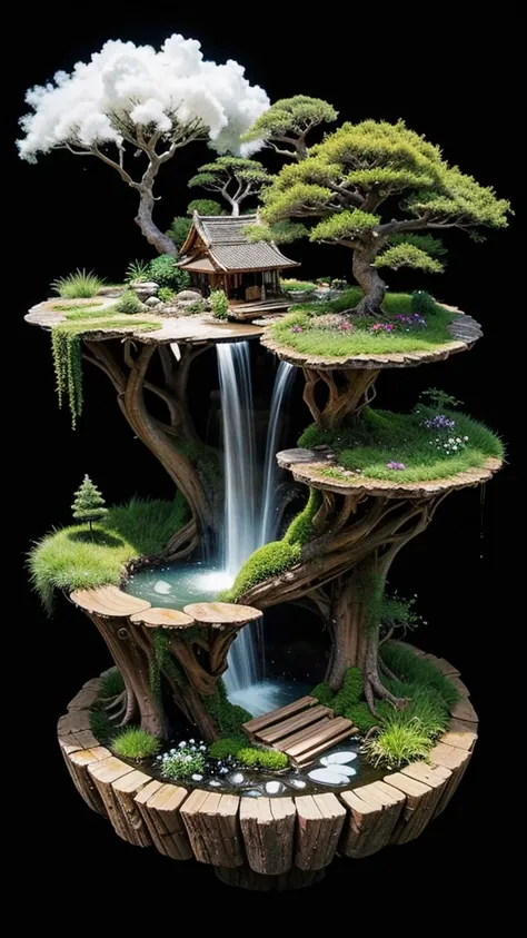 
A hyper-realistic isometric illustration of a miniature ecosystem thriving atop a giant tree stump with roots extending to the ground. The scene features a beautiful traditional Thai house as its centerpiece. A small, crystal-clear waterfall creates a hum...