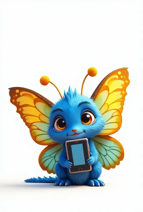 create a picture of a very cute butterfly it should be yellow and blue and should have wings underneath it it should say aladus he should have a cell phone in his hand and should be playing with it, and the background should be white