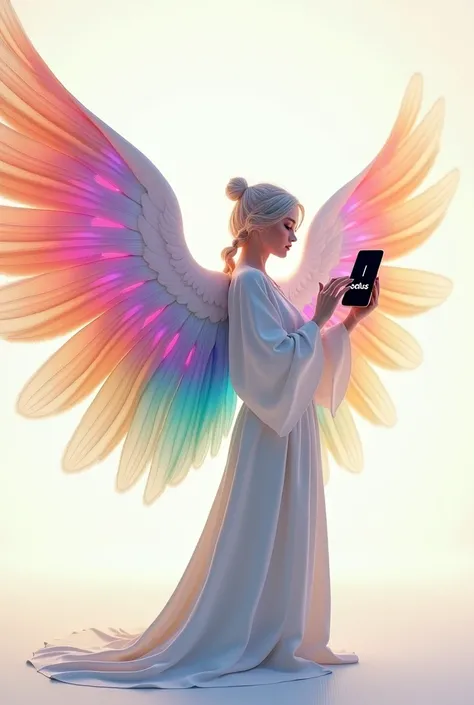  with colorful angel wings, holding a cell phone with writing "aladus "in hand, com fundo branco
