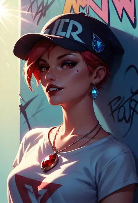 foreground,simple background,Background with neon rays of various colors,hyperdetailed,well defined details,hyper realistic,1 girl,graffiti hood,demon shirt,pierce,blood gem pendant