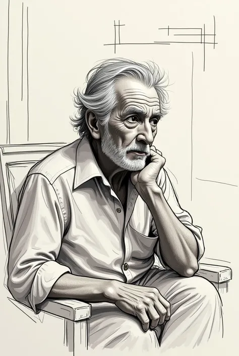 A person sitting thinking in sketch drawing style and easy older man 