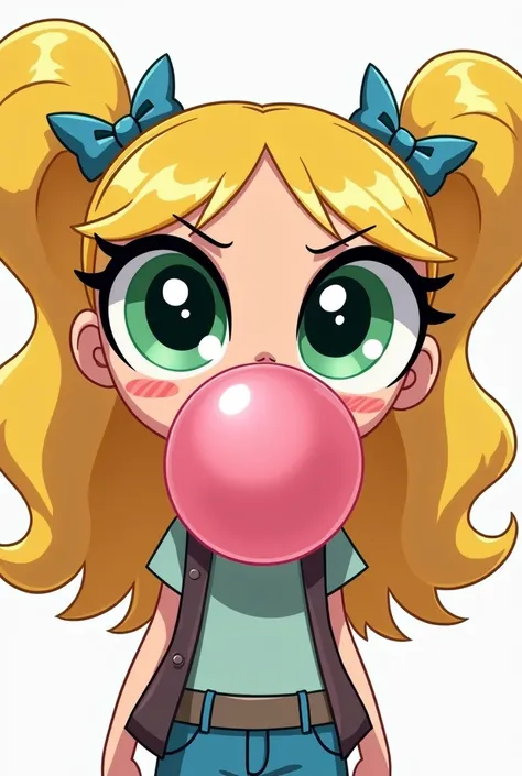 "Create an illustration of Bubbles from The Powerpuff Girls in her classic cartoon style, but transformed into a rebellious teenager. She should have long, wavy blonde hair that reaches her shoulders, with her signature blue hair ties still in place. Her e...