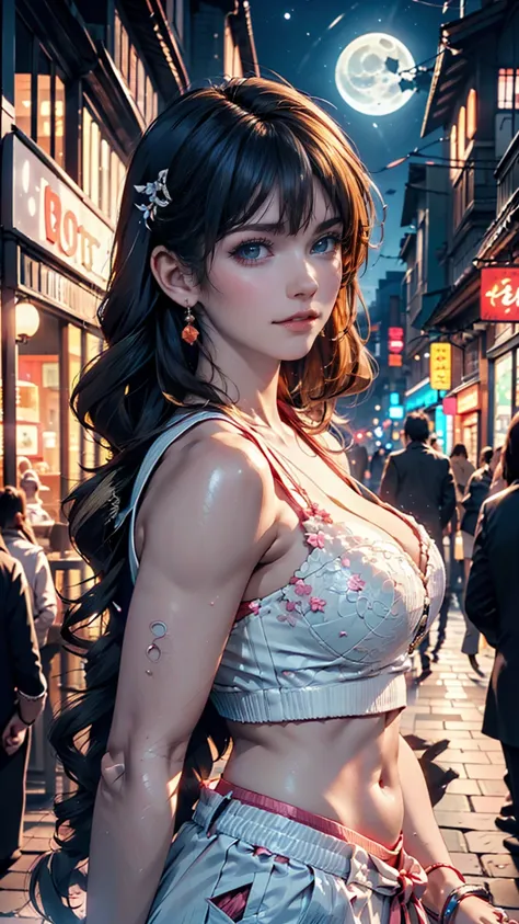 (Backlight,belly button:1.1,Black Hair),Beautiful woman in uniform in the bustling city of Gintama, Surrounded by sellers, Beautiful portrait of a stunning goddess girl, Beautifully detailed face, Porcelain-like skin, Half Body Shot, Centered,((moonlight,n...