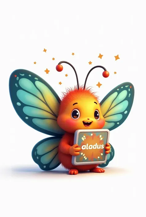 Colorful butterfly with cute face, holding a cell phone with writing "aladus "in hand, com fundo branco
