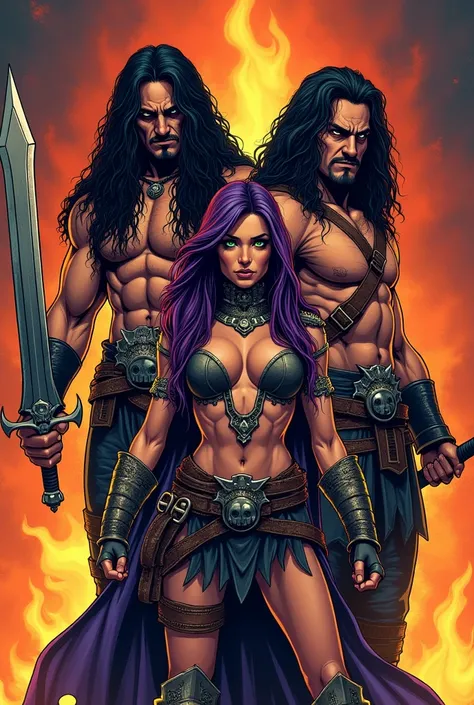 Illustration for a poster to promote a heavy metal concert, with two black-haired barbarian warriors and an imposing female warrior, with an expression of bravery, with purple hair and green eyes, between the two warriors, with fire behind them, in the sty...