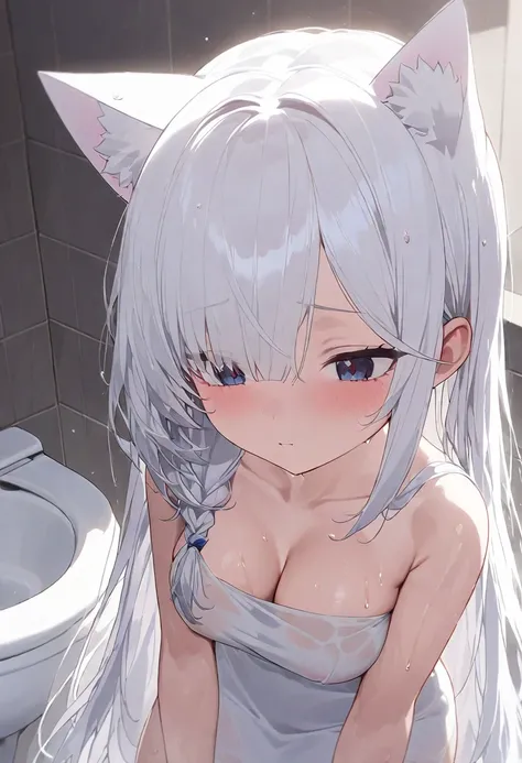 A white-haired cat-eared girl，In the toilet，Big breasts，shy，The body can be seen，You can see the chest，胸部detail，The body is wet，No clothes，No underwear，Exposing private parts，No clothes，No underwear，No obstruction，detail，The body can be seen