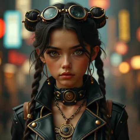  Colombian girl., half body view, (in front of the camera), detailed european face, (aspiring facial expression), (((steampunk style closure))), ((steampunk city in the background)), raw, analog style, ultra detailed photography, cinematic lighting, art st...