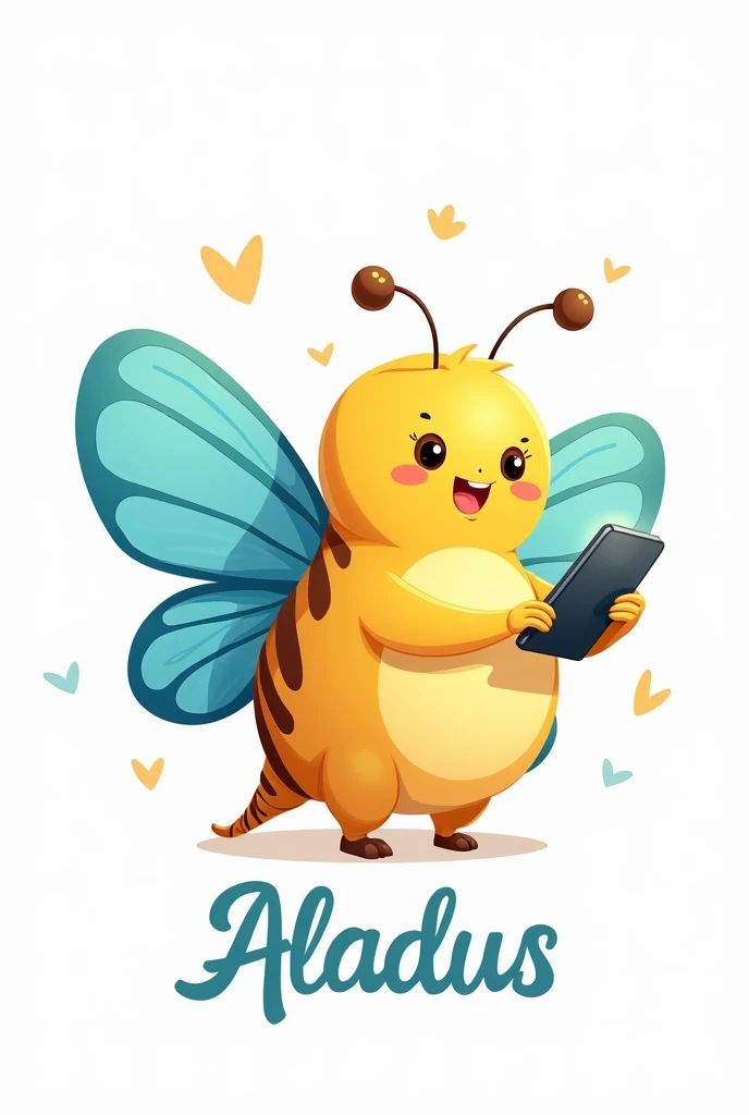 Create the image of a character that will be a very cute butterfly. It must be flying. Its body is yellow and its wings are blue. It is holding a cell phone. Underneath it is written Aladus., white background