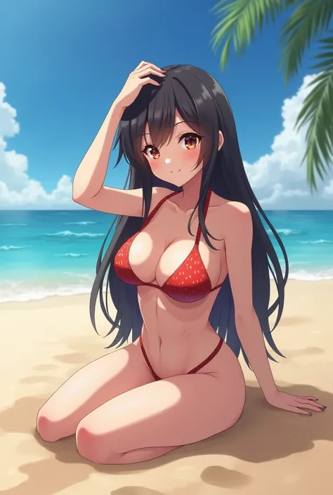 Sexy hot anime, girl, in a beach, sitting on sand, wearing none, 8k, extra hd, big boobs, while doing sex with a man, doing blowjob with a man