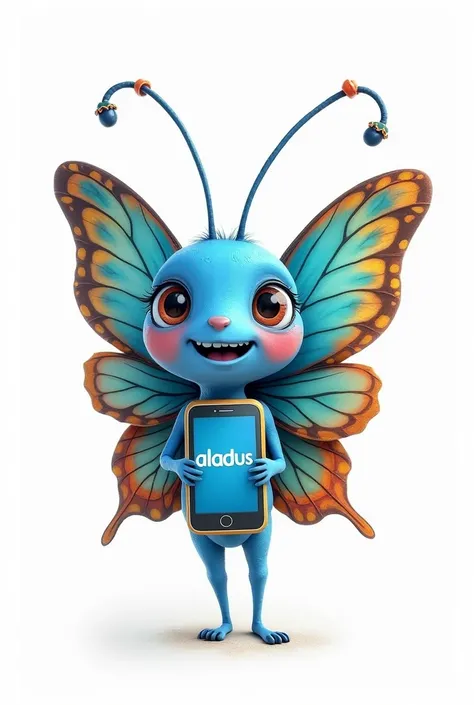 blue butterfly, Yellow, red and green with cute face, holding a cell phone with writing "aladus "in hand, com fundo branco
