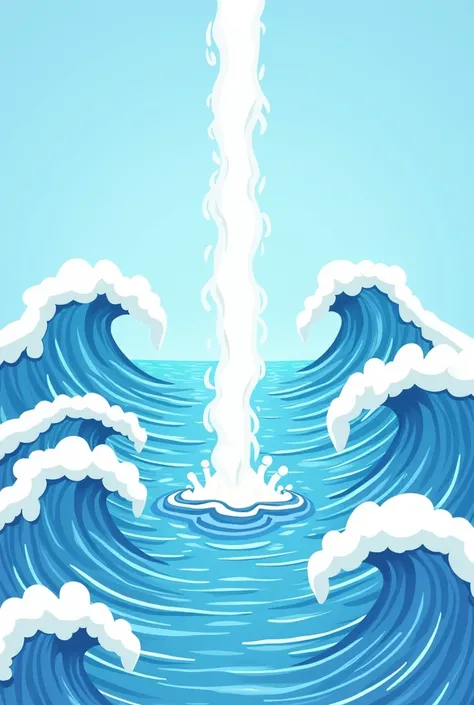 Please create a high-resolution image，Abstract stick cartoon。A column of water spurts vertically upward，Four large waves splashed high up。The height of the waves varies，Not on the same level。