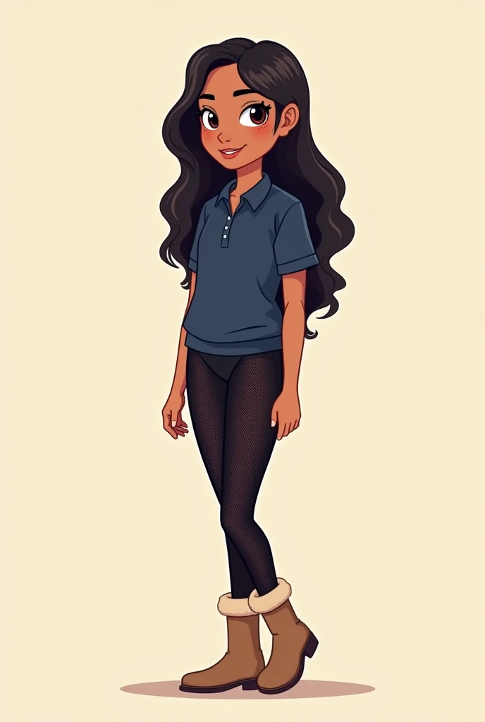 I want a cartoon design, Not very detailed. I want a girl of medium height, with black hair, long and straight, black eyes, brown skin, with a long polo shirt with a collar reaching to the shoulders and the sleeves reaching to the elbows in navy blue, a ti...