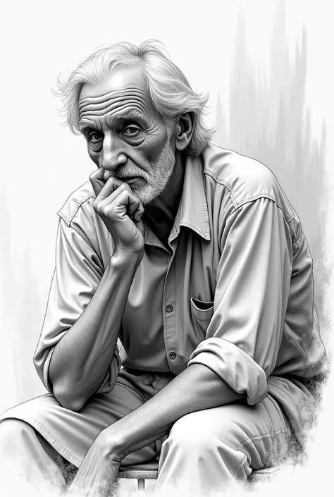 A person sitting thinking in sketch drawing style and easy older man simpler 