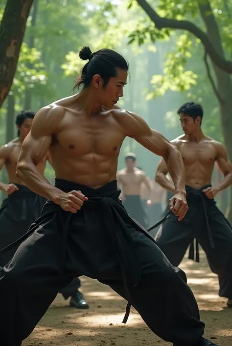 Japanese ninja training shirtless with just other ninjas