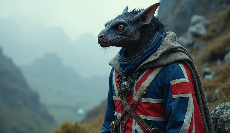 United Kingdom as an imperialist british League of Legend pirate creature in navy blue, white and red (Union Jack). Intricated clothing. Cinematic Fantasy sci-fi landscape background