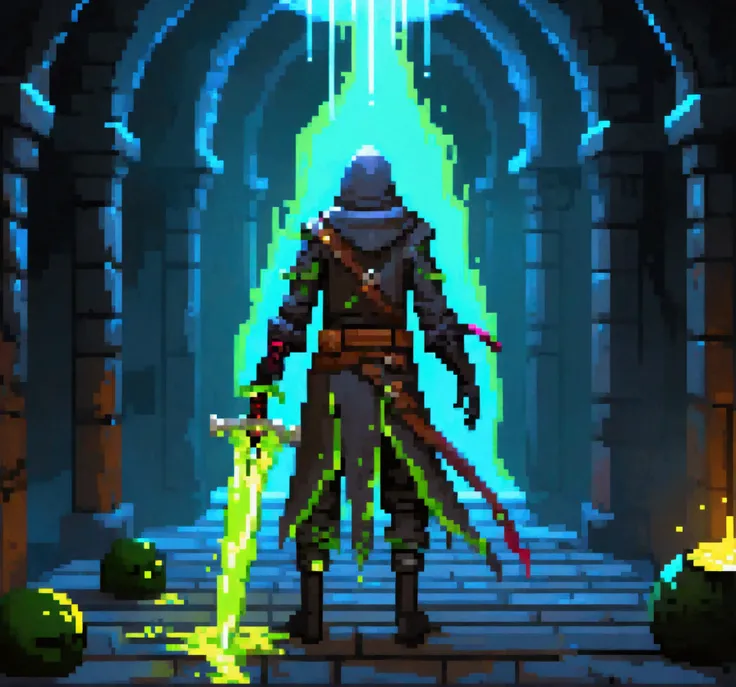 Slime Humanoid, Assassin clothes, daggers, standing backwards ,dungeon