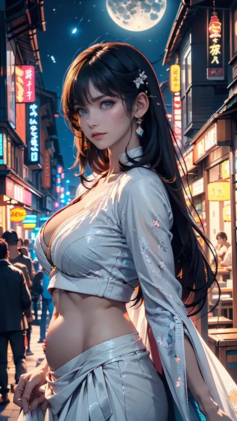 (Backlight,belly button:1.1,Black Hair),Beautiful woman in uniform in the bustling city of Gintama, Surrounded by sellers, Beautiful portrait of a stunning goddess girl, Beautifully detailed face, Porcelain-like skin, Half Body Shot, Centered,((moonlight,n...